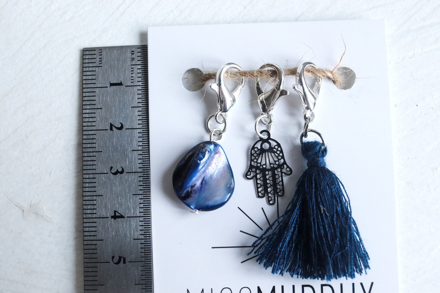 Set van 3 handgemaakte steekmarkeerders - zilverkleurig / donkerblauw