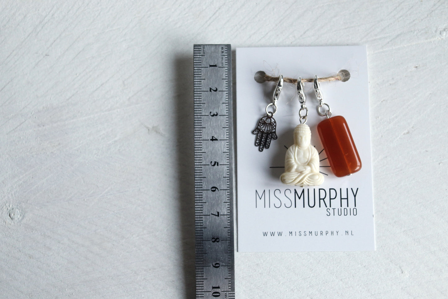 Set van 3 handgemaakte steekmarkeerders - zilverkleurig / ecru / oranje