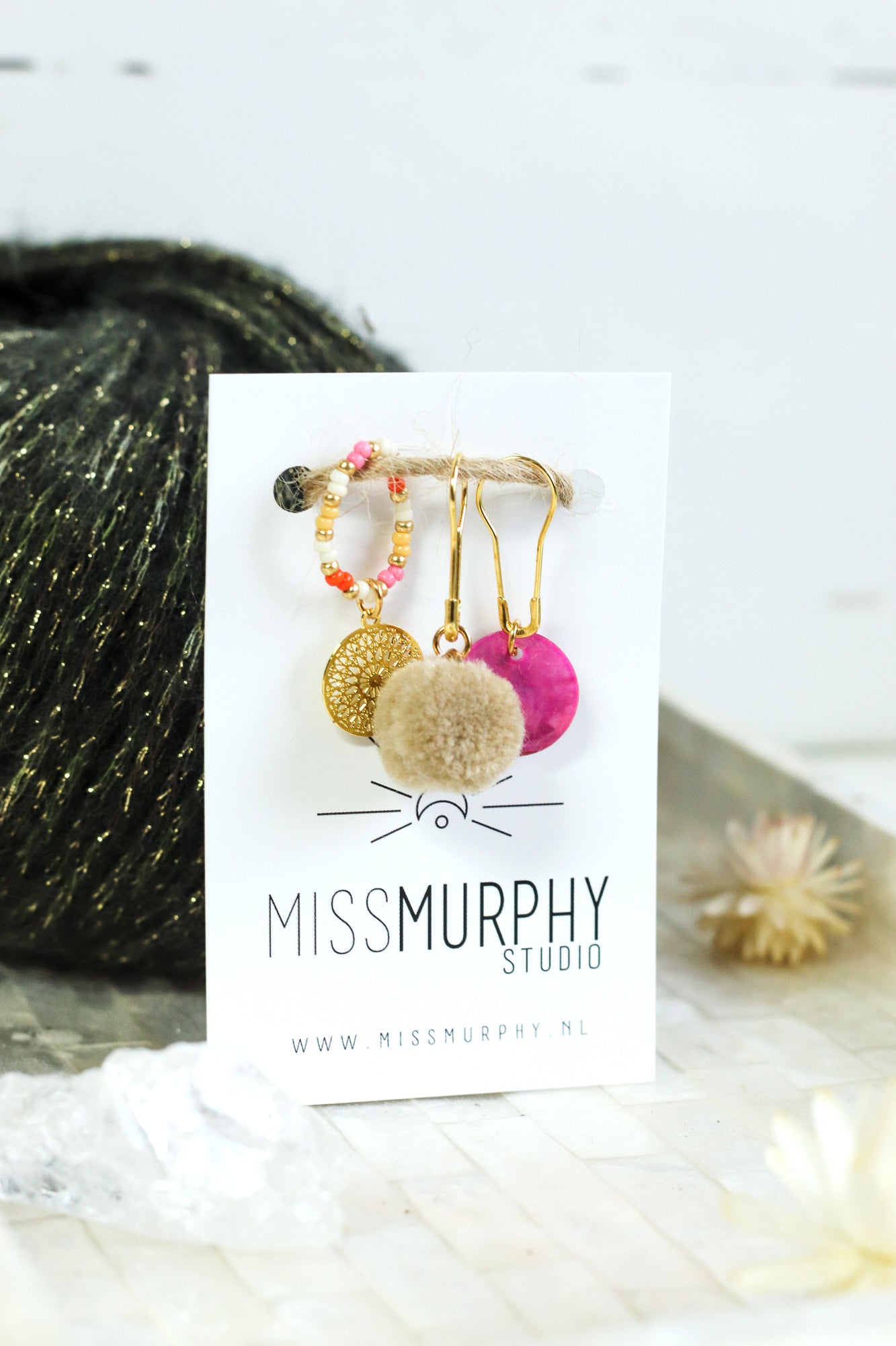 Set van 3 handgemaakte steekmarkeerders - goudkleurig / roze / beige