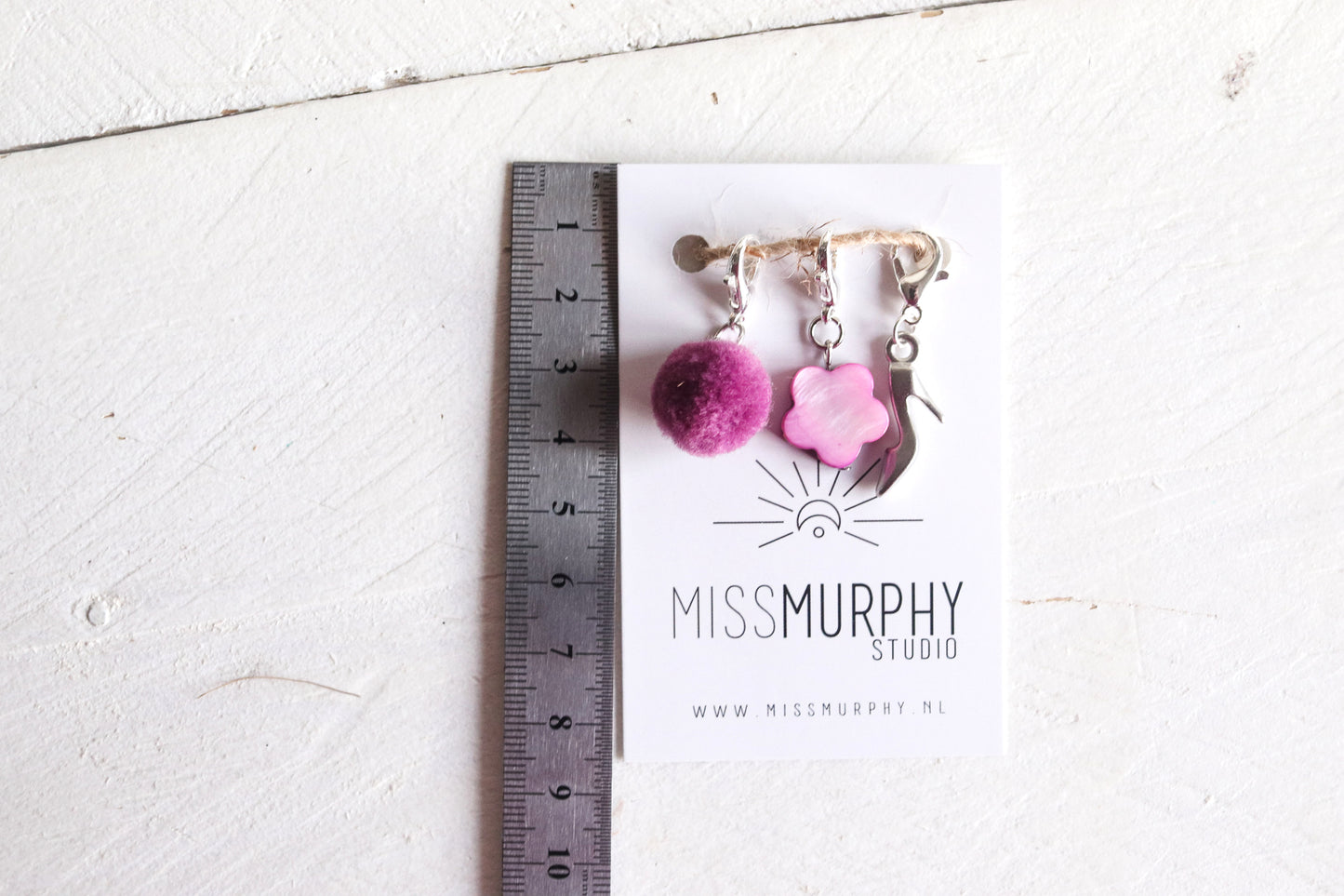 Set van 3 handgemaakte steekmarkeerders - zilverkleurig / paars / roze