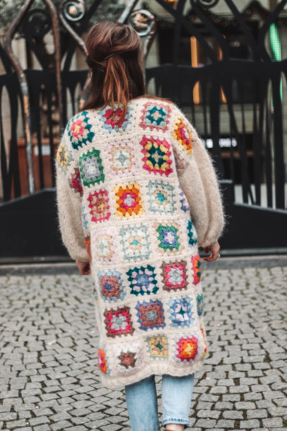 Combined knitting and crochet pattern GRANNY SQUARE CARDIGAN - oversized chunky cardigan with wide sleeves