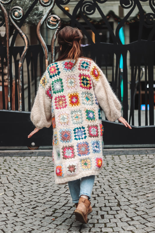 Combined knitting and crochet pattern GRANNY SQUARE CARDIGAN - oversized chunky cardigan with wide sleeves