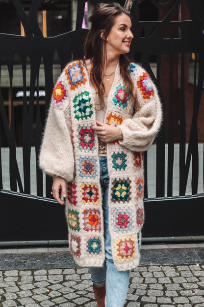 Combined knitting and crochet pattern GRANNY SQUARE CARDIGAN - oversized chunky cardigan with wide sleeves